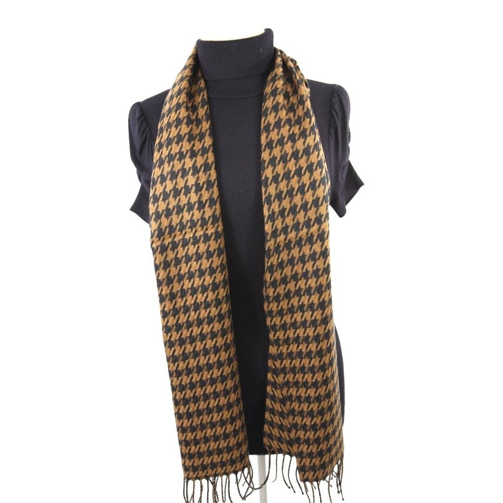 Houndstooth Black & Brown Check Cashmere Fringe Long Scarf - Picture 2 of 3
